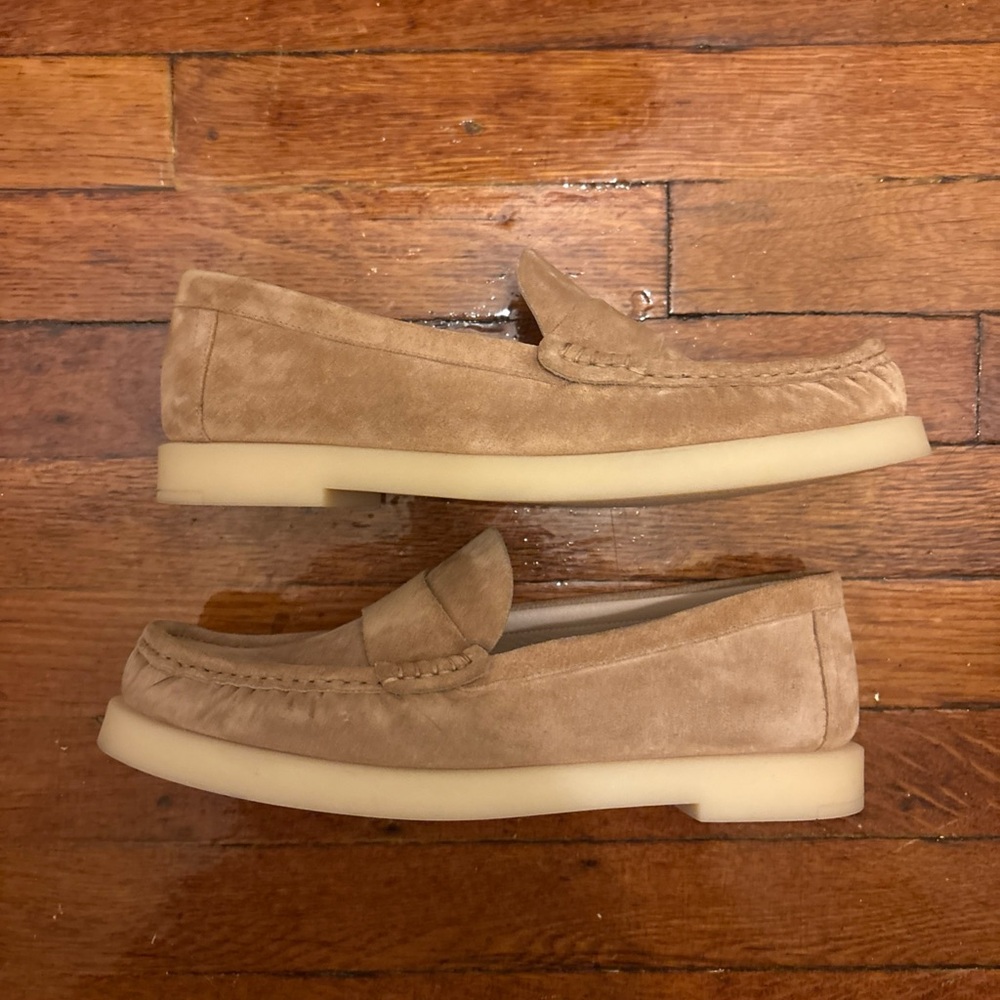 Stuart Weitzman Beige Suede Penny Loafers